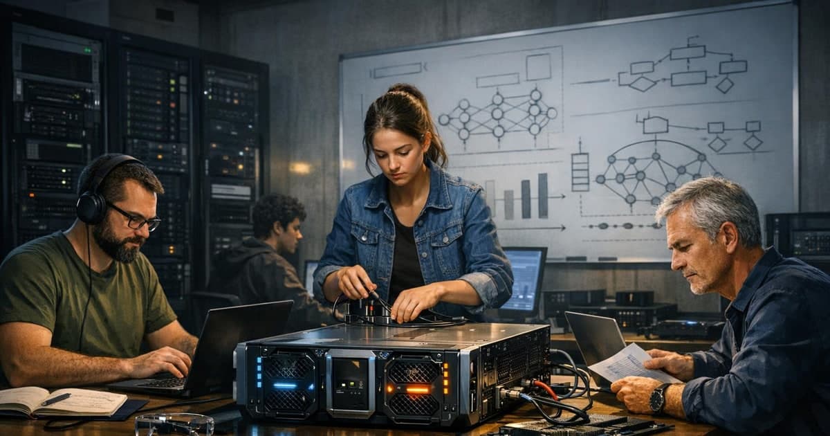 Independent AI safety research workspace with shared desks, model diagrams, secure compute screens, and focused collaboration lighting