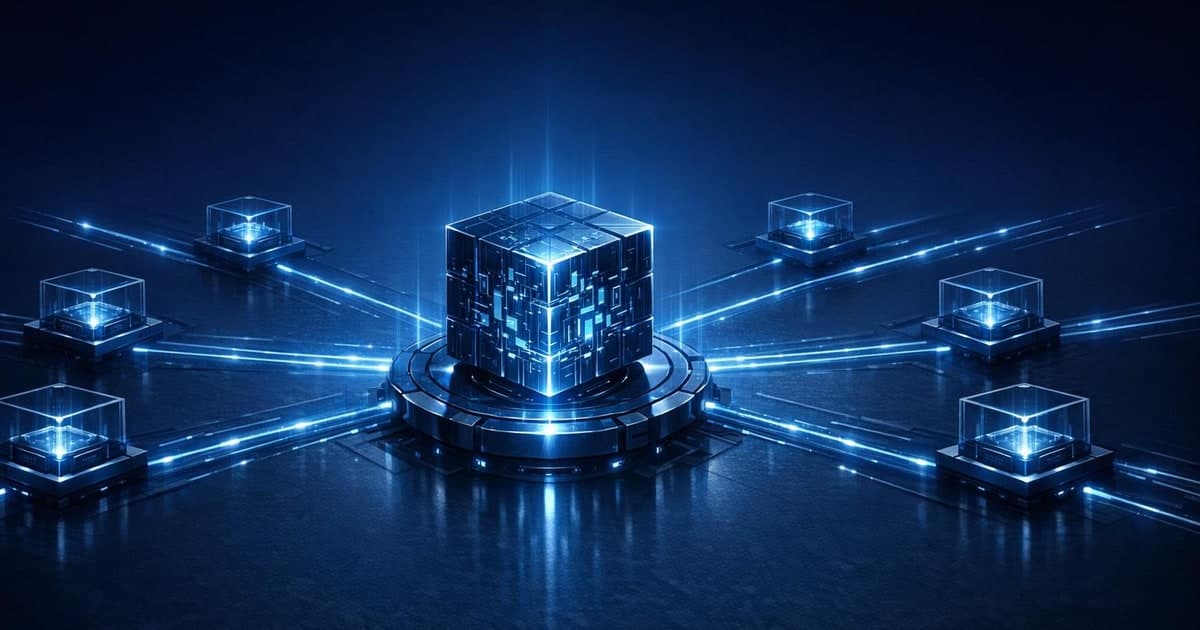 Abstract control room with a central AI agent brain connected to separate secure sandboxes and workflow channels