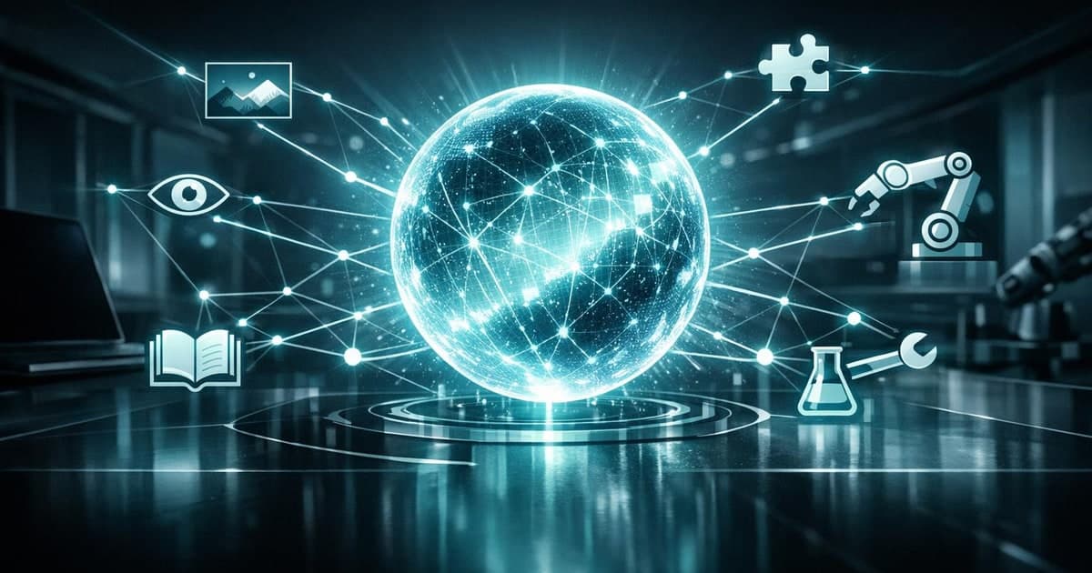 Luminous multimodal AI sphere projecting visual reasoning paths and tool icons across a clean futuristic workspace