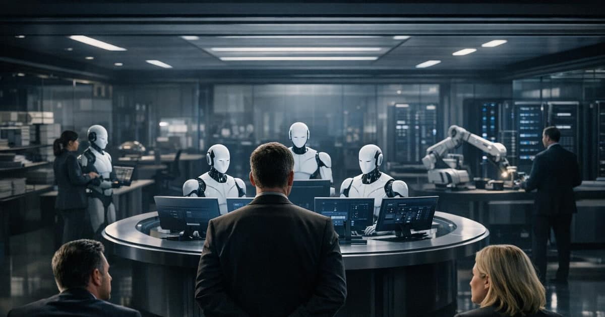 Enterprise operations hub with employees managing multiple AI copilots and agent workflows across business systems