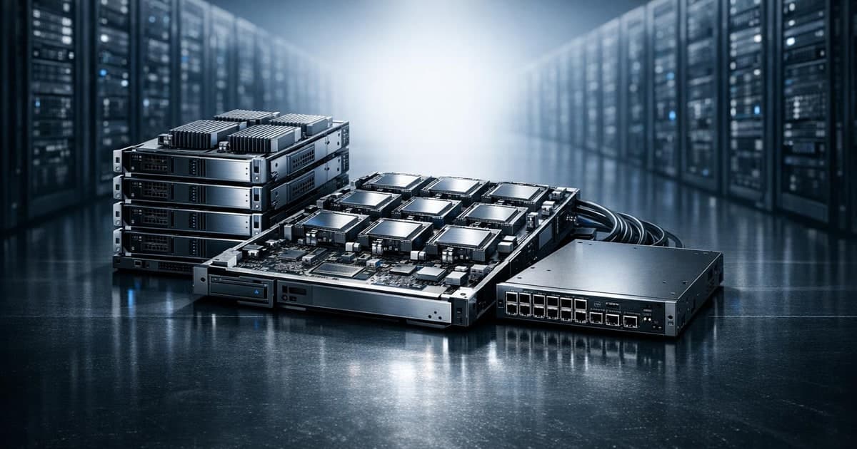 Modern AI data center with CPU racks, accelerator trays, and network processors connected in layered cloud infrastructure