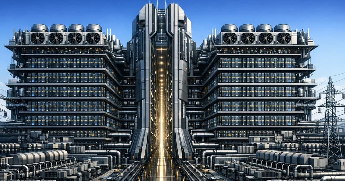 Massive AI cloud campus with stacked GPU halls, power infrastructure, and a central compute corridor extending into the distance