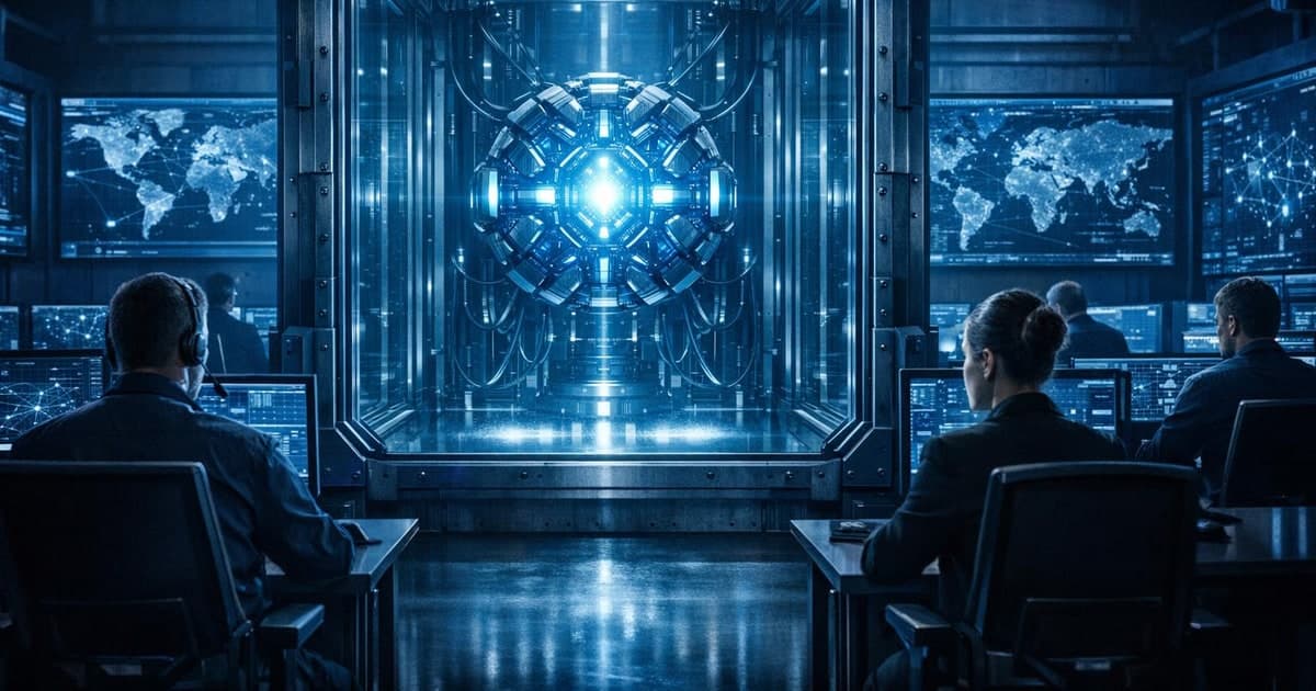 A secure cyber defense operations room where a sealed luminous AI core is surrounded by analysts, hardened network maps, and vulnerability alerts