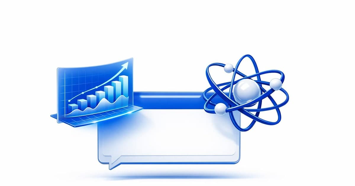 A bright digital learning space where a floating chart and a rotating 3D scientific model emerge from one AI chat window