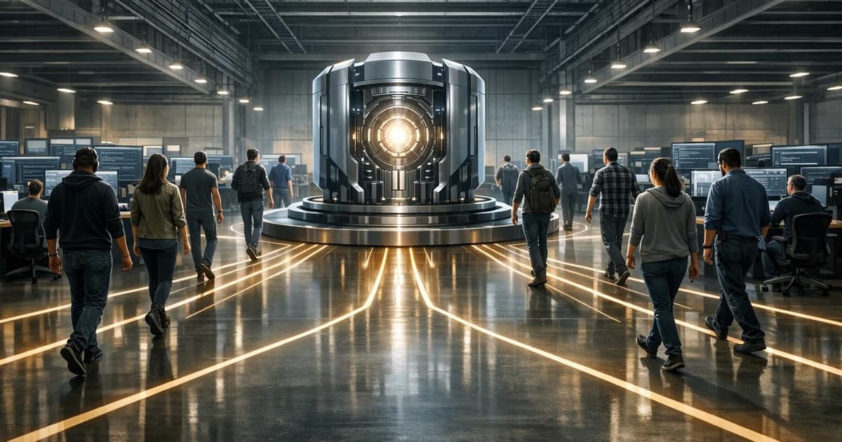 A large engineering floor where top developers are being redirected toward one central AI tooling hub with shared code and workflow screens