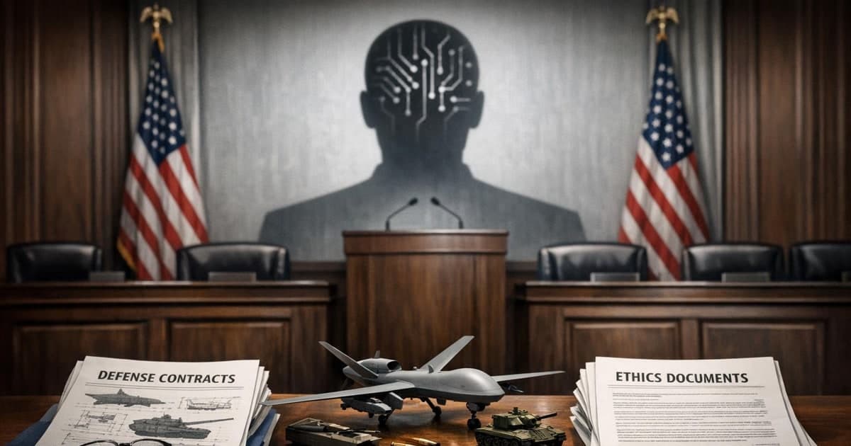 A government procurement chamber where defense contracts, ethics documents, and an AI company silhouette intersect under tense official lighting