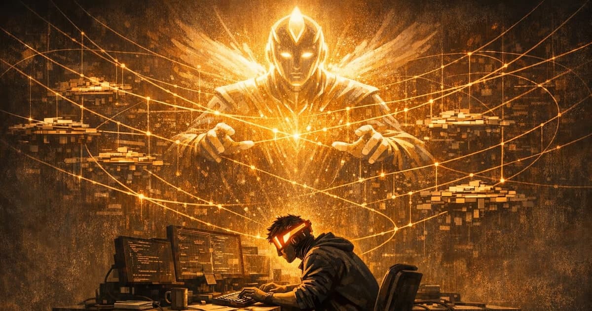 A fast AI worker model at the center of a coding desk consulting a brighter advisor model above it, with planning lines and repo maps connecting the two