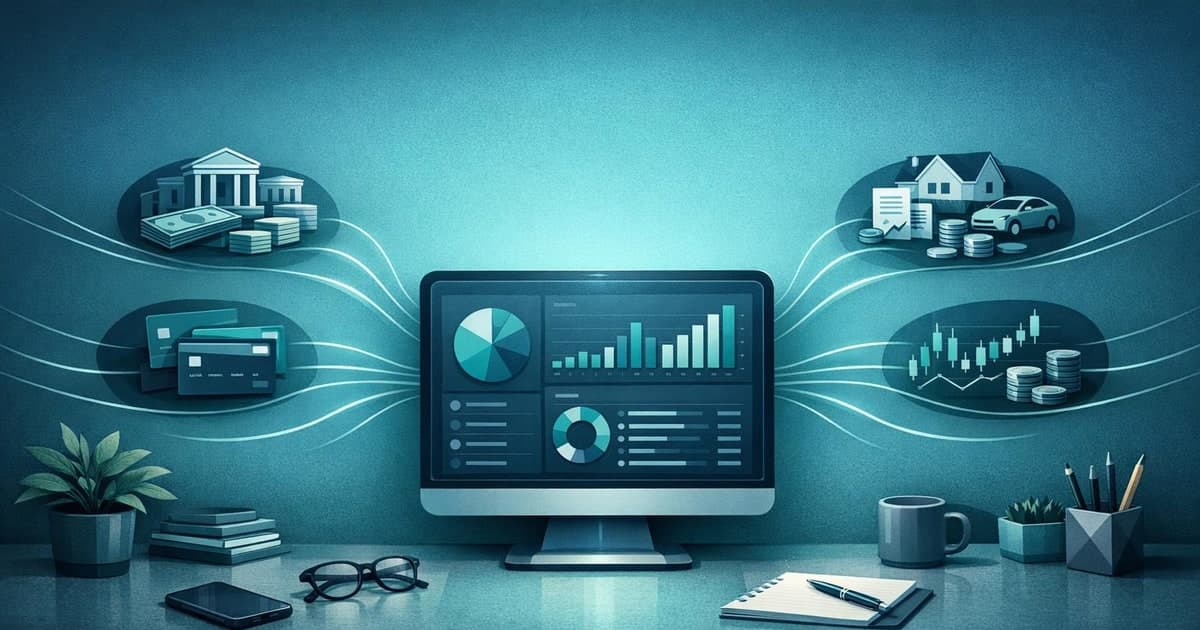 A clean personal finance workspace where bank accounts, cards, loans, and investments flow into one AI dashboard with charts and budgeting views