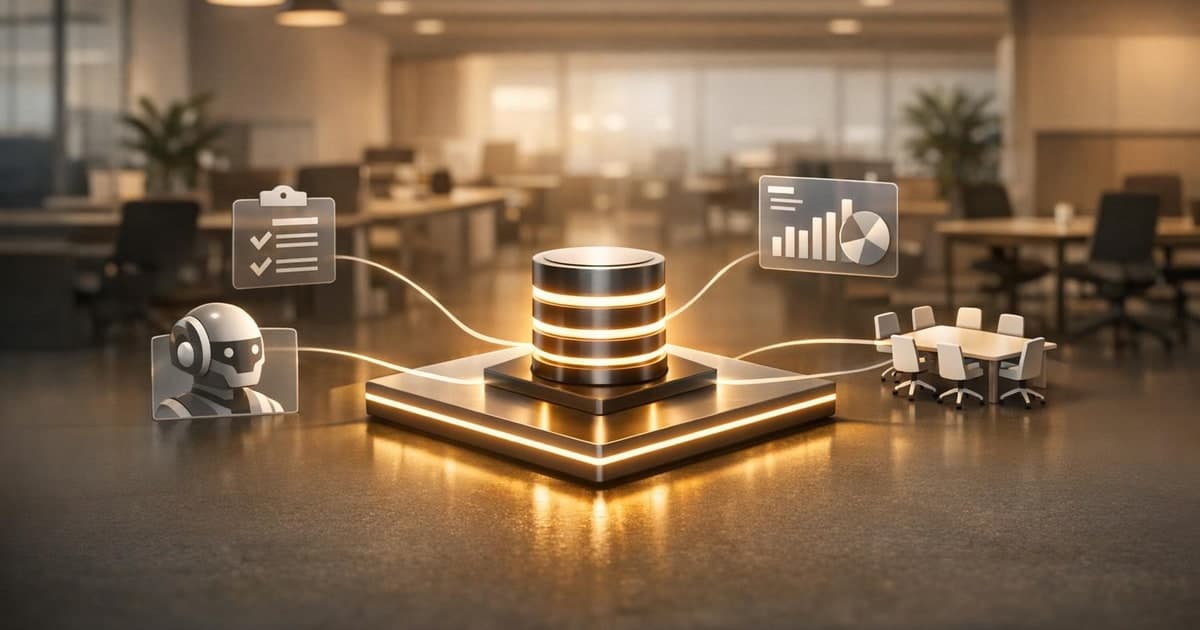 Office collaboration hub where AI workstreams, admin controls, and meeting data flow across a governed company workspace