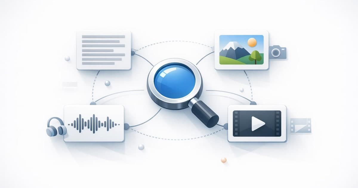 Search interface where text, images, audio, and video connect through one shared retrieval graph for an AI development team