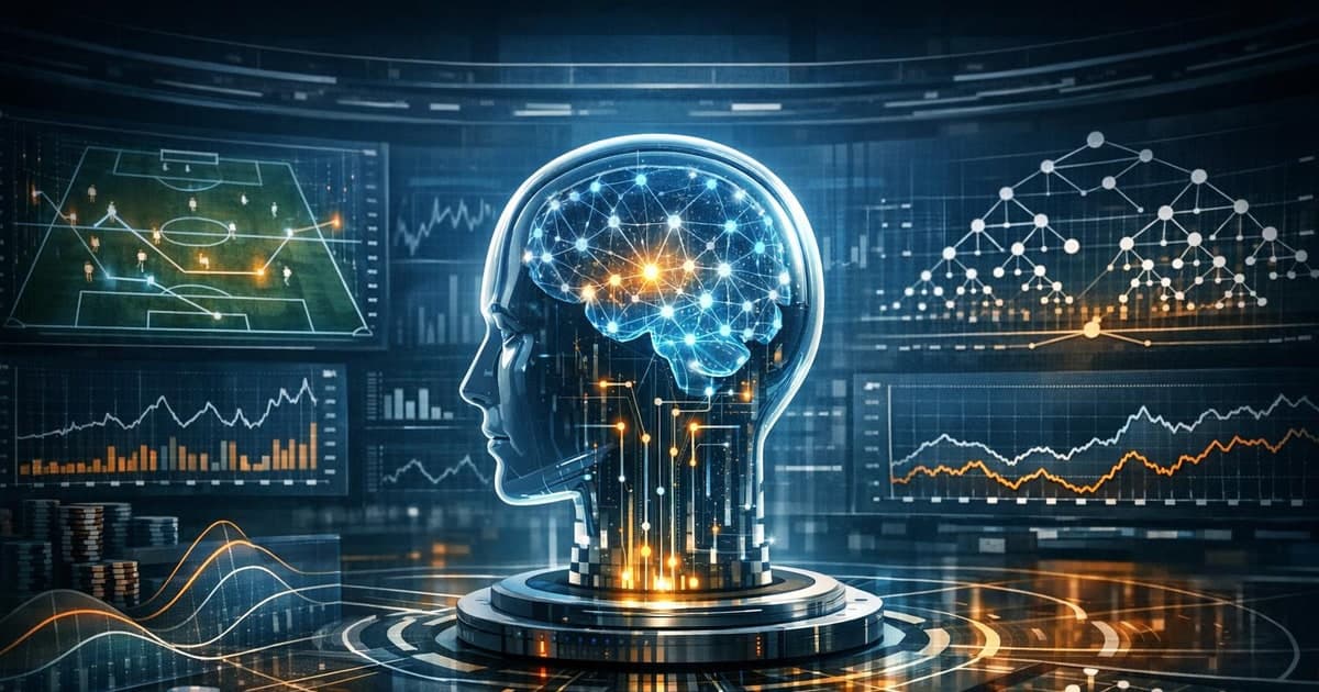 Long-horizon AI evaluation scene with match data, bankroll curves, and agent decisions unfolding across a season-long timeline