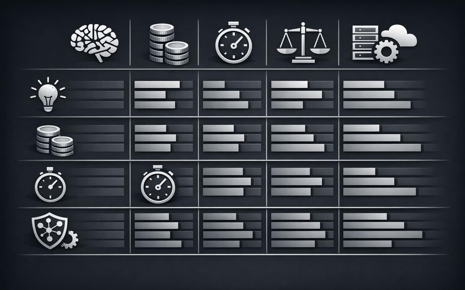 Conceptual comparison matrix showing how teams weigh reasoning quality, cost, speed, governance, and deployment control when choosing an LLM