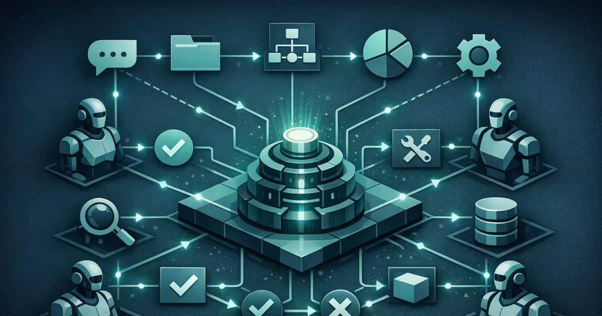 Editorial scene showing AI agents moving through tools, approvals, and workflows across a modern engineering and operations stack