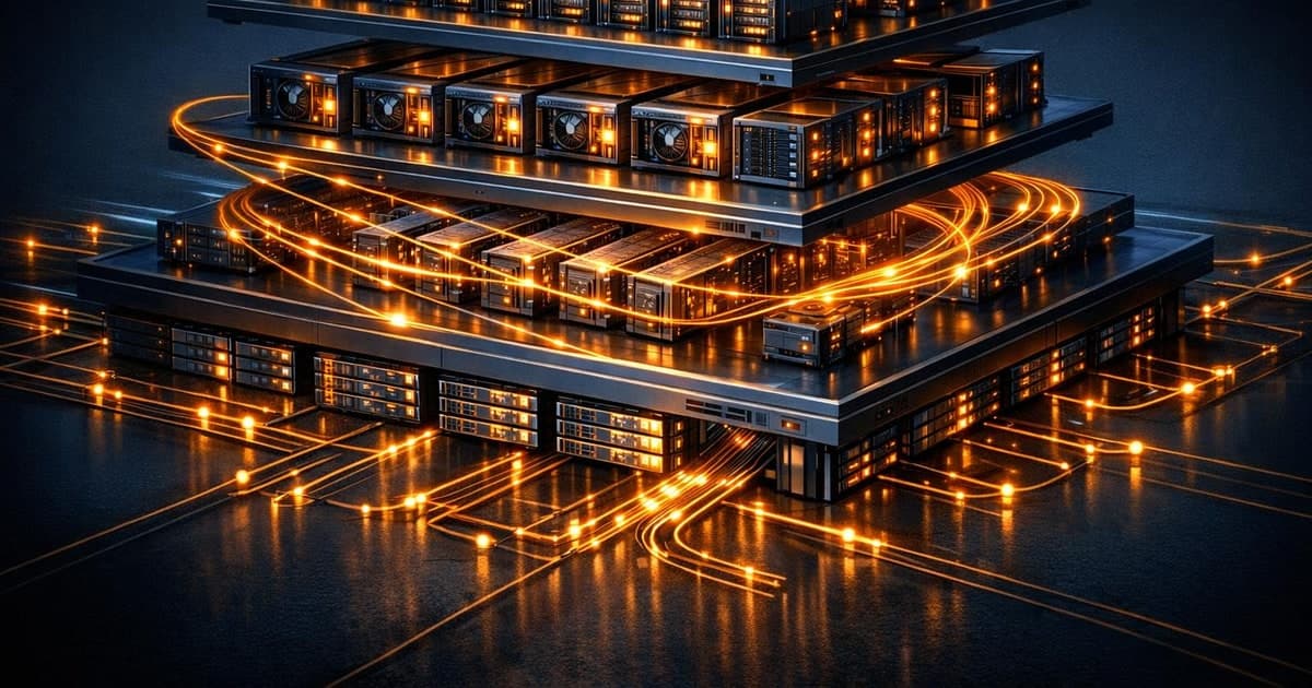 Layered AI infrastructure scene showing compute clusters, networking light paths, storage layers, and serving traffic moving across the stack