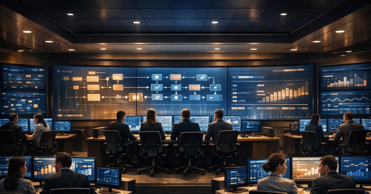 Enterprise AI control-room scene showing teams, approvals, business workflows, and AI systems working inside a governed organization