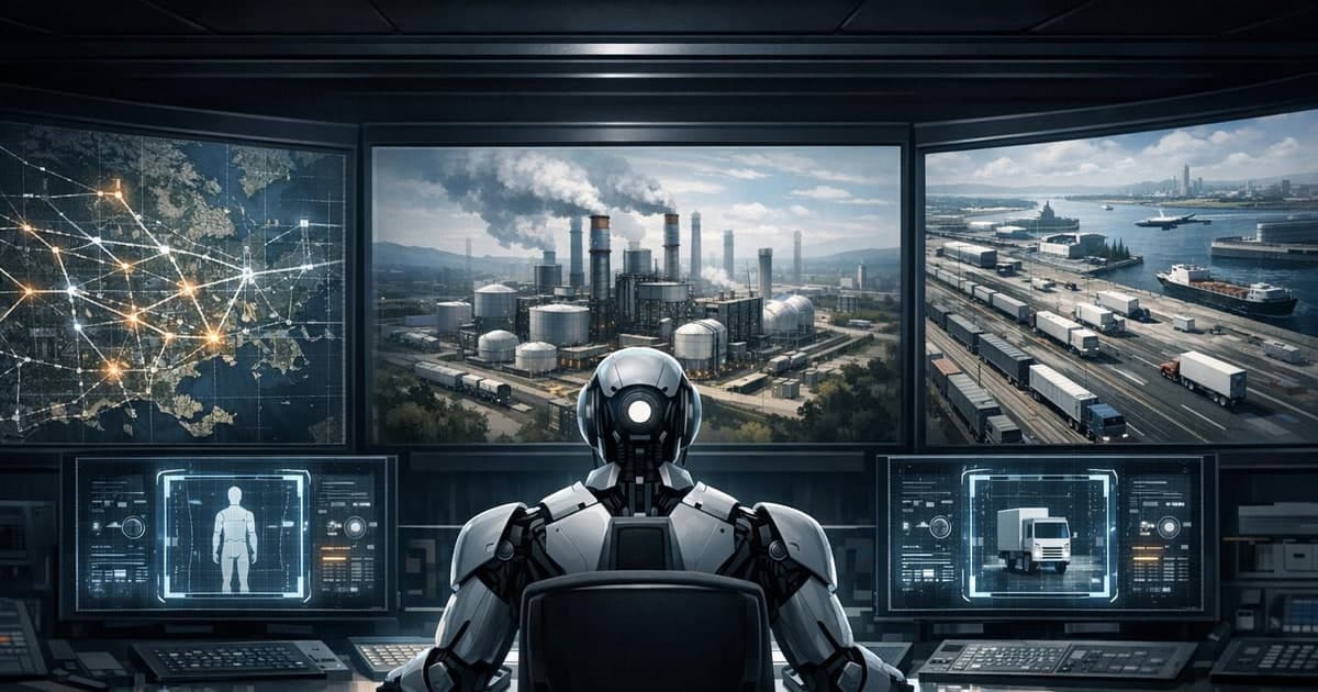 Critical infrastructure control room where power, plant, and transport systems are monitored alongside AI risk checkpoints and safety reviews