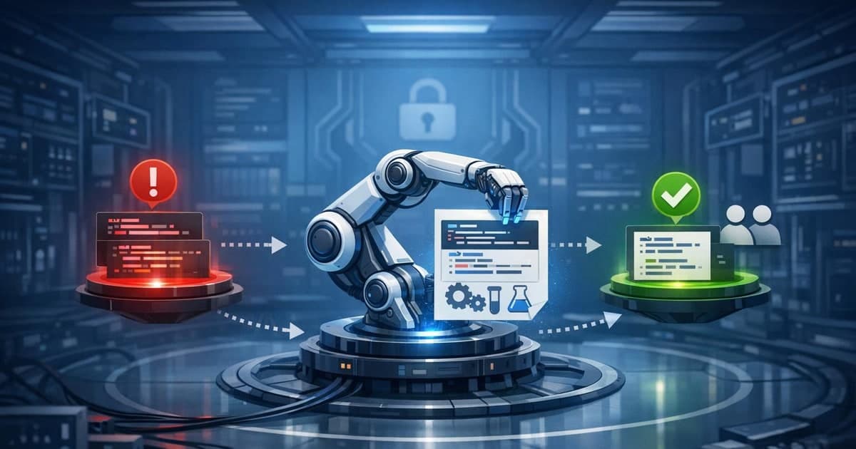 Security remediation workflow where a vulnerable dependency alert flows into an AI coding agent that prepares a draft pull request and test fixes