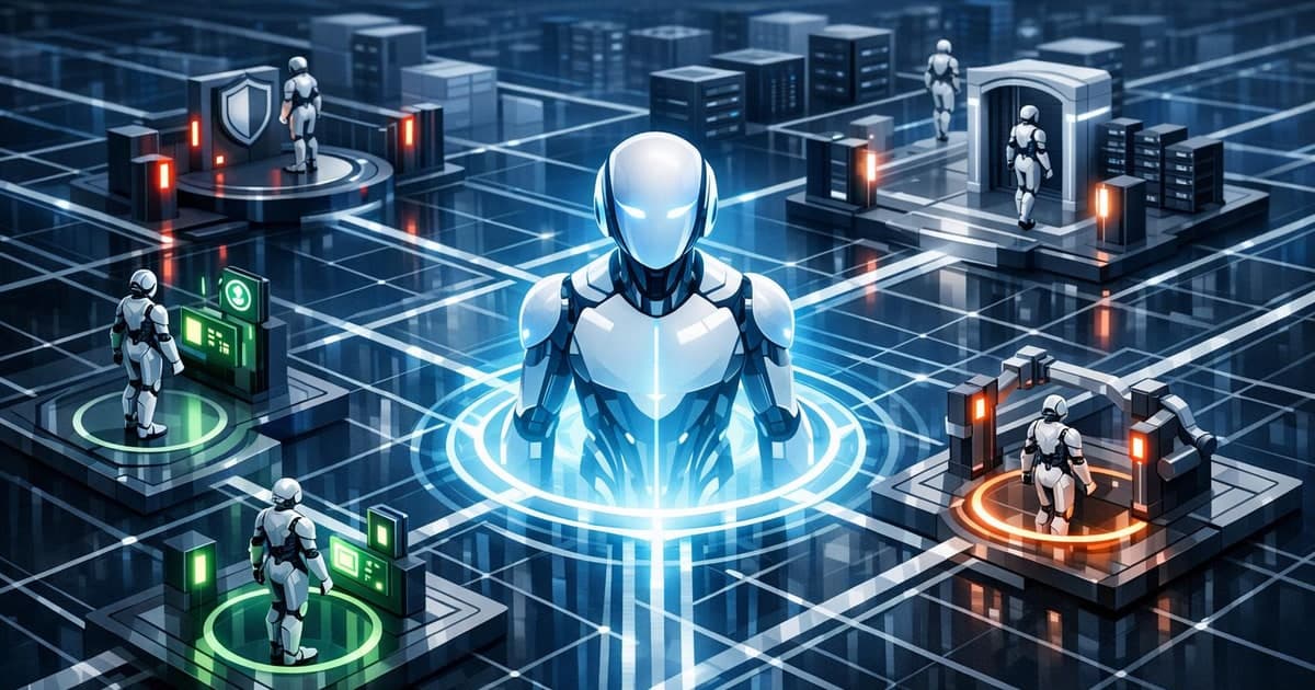 Autonomous AI agents operating inside a secure runtime mesh with policy gates, identity checks, and compliance controls across a production environment