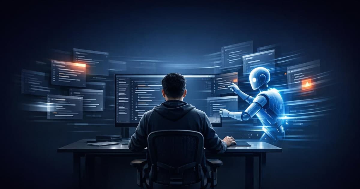 Developer workspace in VS Code where an AI agent edits code quickly, detects new errors, and loops through follow-up fixes inside the editor