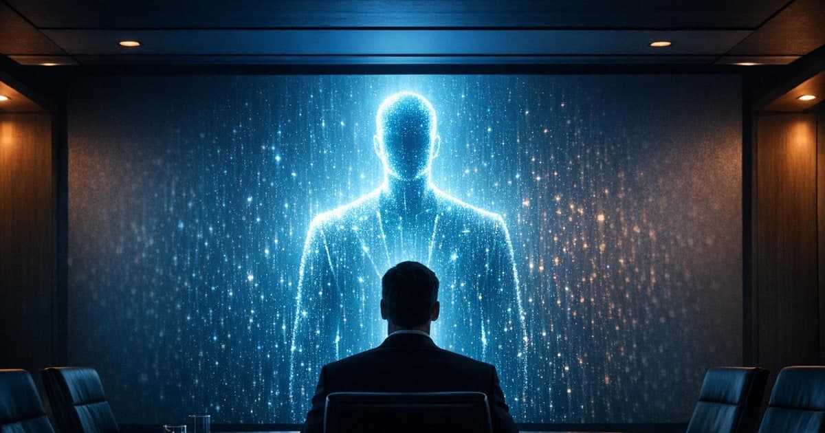Corporate meeting room with a glowing executive silhouette mirrored by a digital avatar on a large display wall in a modern office setting