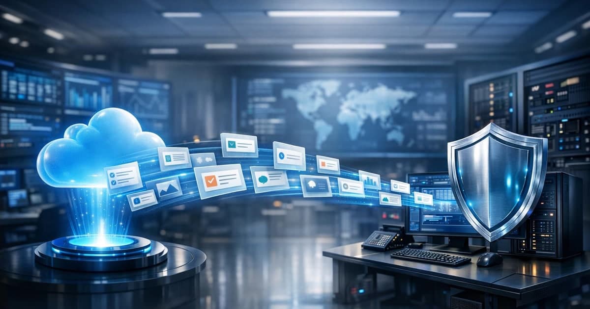 Enterprise operations center showing task cards flowing between a cloud copilot interface and a secure local workstation with policy shields