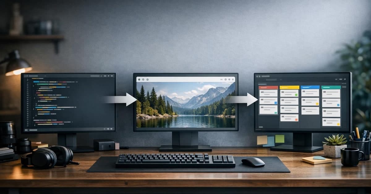 Developer workspace with a coding assistant panel connected to a web browser viewport and task board under clear status indicators