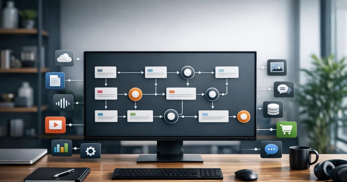 Business desktop interface with an AI task orchestration board showing goals apps files and human review checkpoints in a bright office style