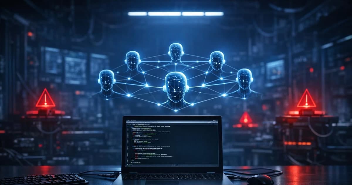A software security training scene with a developer terminal, AI agent nodes, and red-team challenge markers in a modern operations room