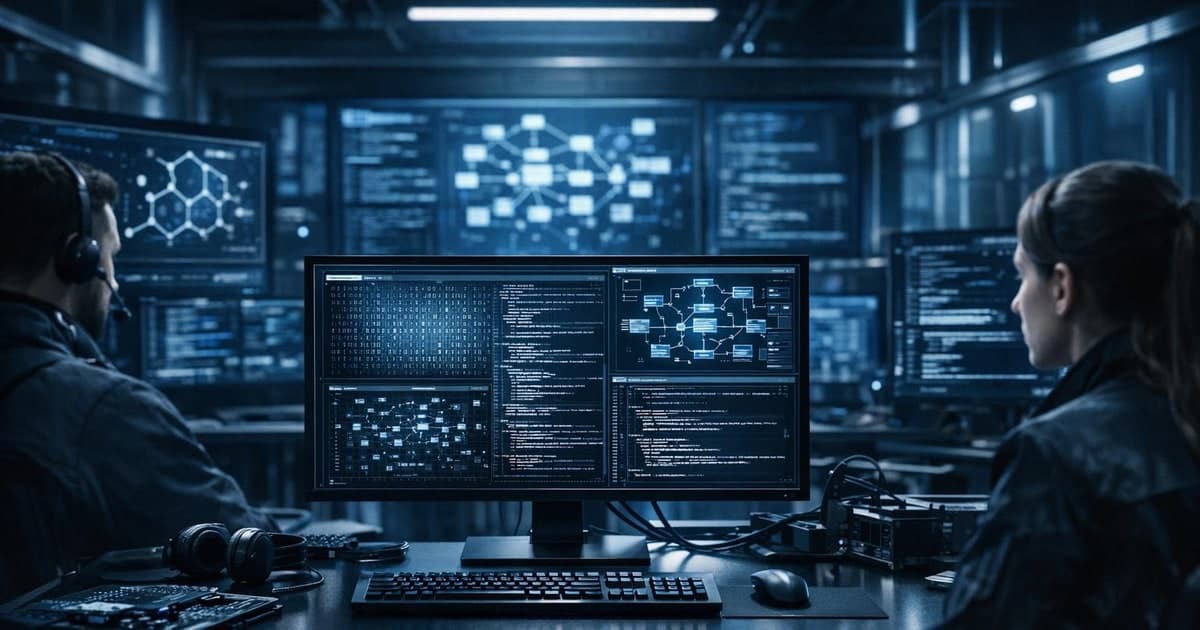 Cyber defense operations desk with AI-assisted malware analysis views and secure workflow controls