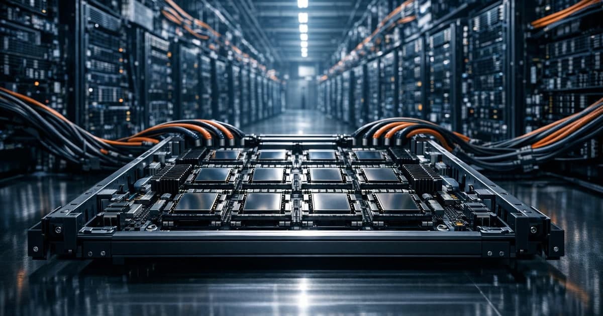 Abstract datacenter scene with custom AI accelerator chips connected by high-speed links in a large-scale cloud infrastructure layout