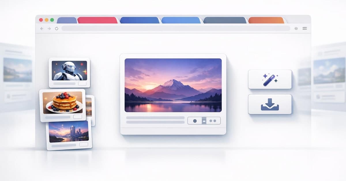 Web browser workspace with reusable AI prompt cards and one-click workflow triggers layered over multiple research tabs