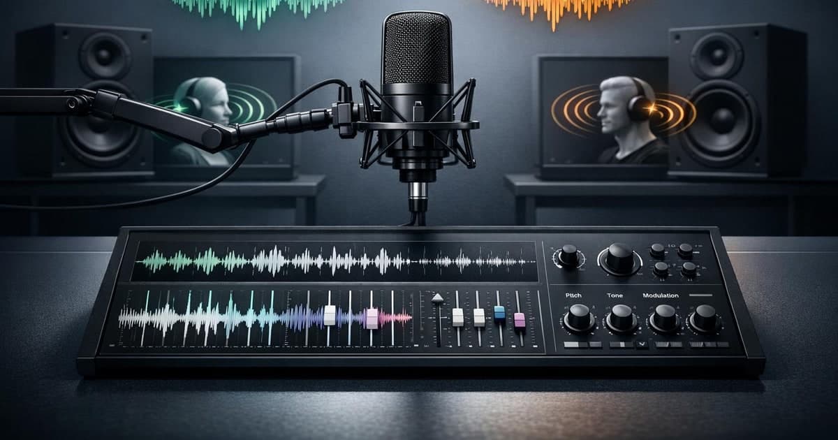 Studio microphone and waveform controls representing expressive AI speech synthesis with multi-speaker voice tuning