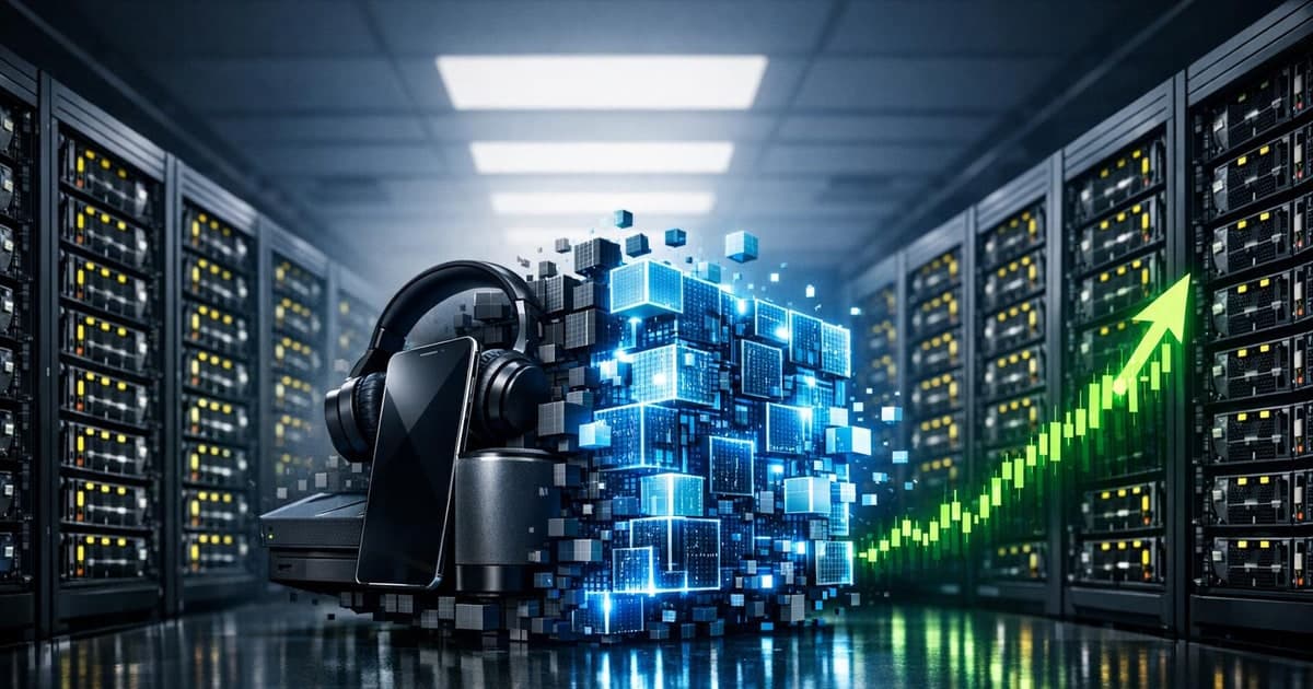 Public market chart rising beside AI data center hardware as a retail brand pivots into compute infrastructure