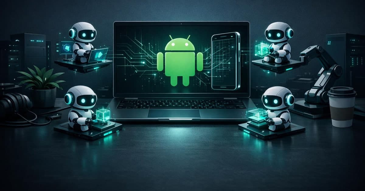 Developer terminal running Android CLI commands while an AI assistant prepares an app build pipeline