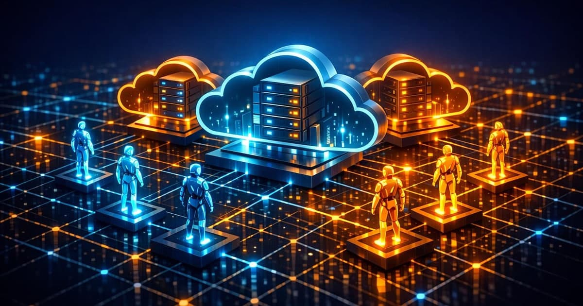 Abstract cloud infrastructure scene showing multiple AI agents coordinating across persistent runtime nodes
