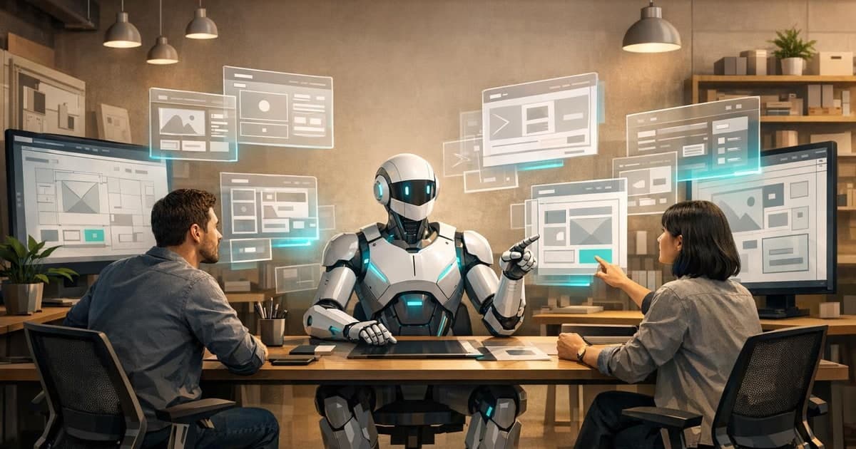 Concept illustration of a collaborative product design workspace where an AI assistant helps shape layouts and prototypes