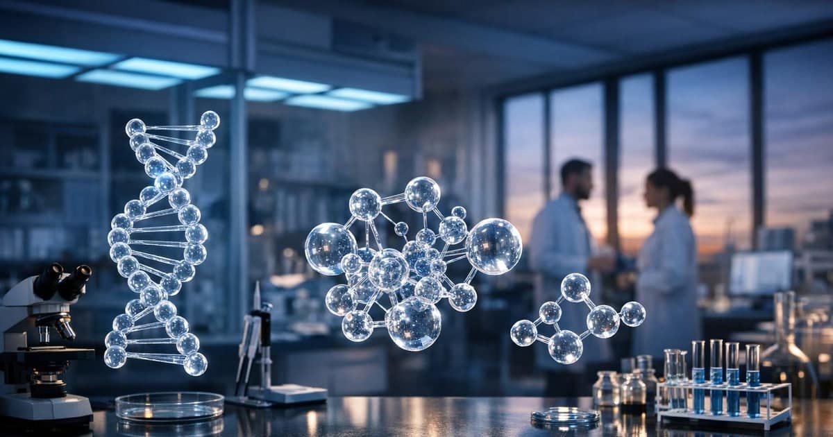 A lab bench with glowing molecular structures projected above glassware in a modern biotech workspace