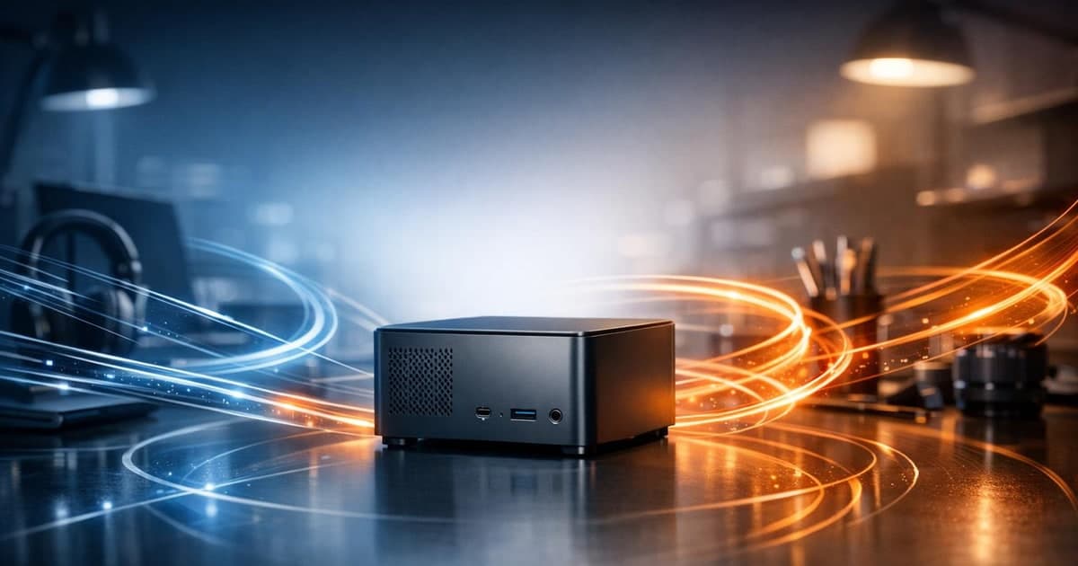 A compact desktop computer glowing in a dark workspace with layered task cards floating as abstract light trails