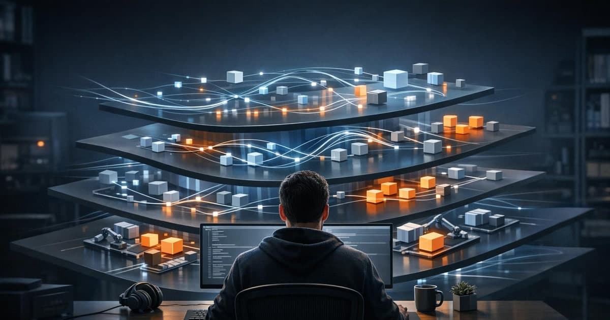 A developer desk with multiple abstract workflow layers flowing between a keyboard, terminal window, and automated task nodes
