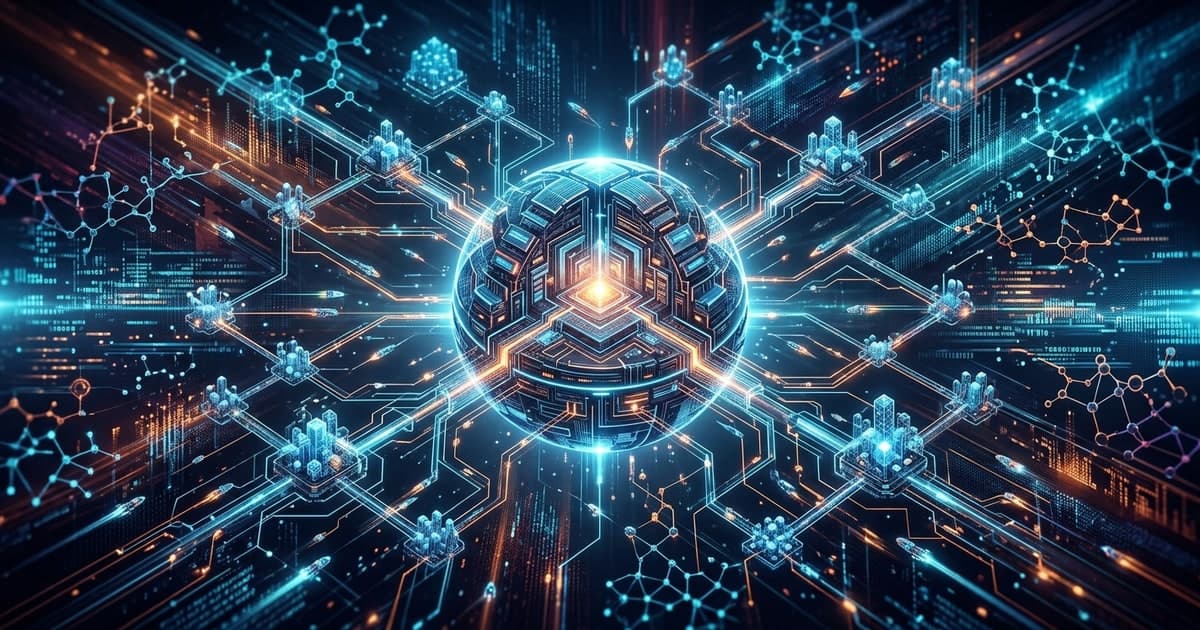 Abstract agent network routes flowing through a cloud edge infrastructure diagram with bright search nodes