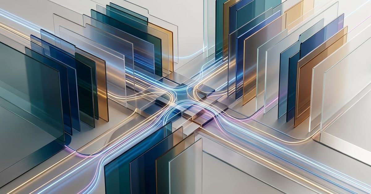 A desktop browser scene with parallel panes and flowing guidance lines connecting search and page content