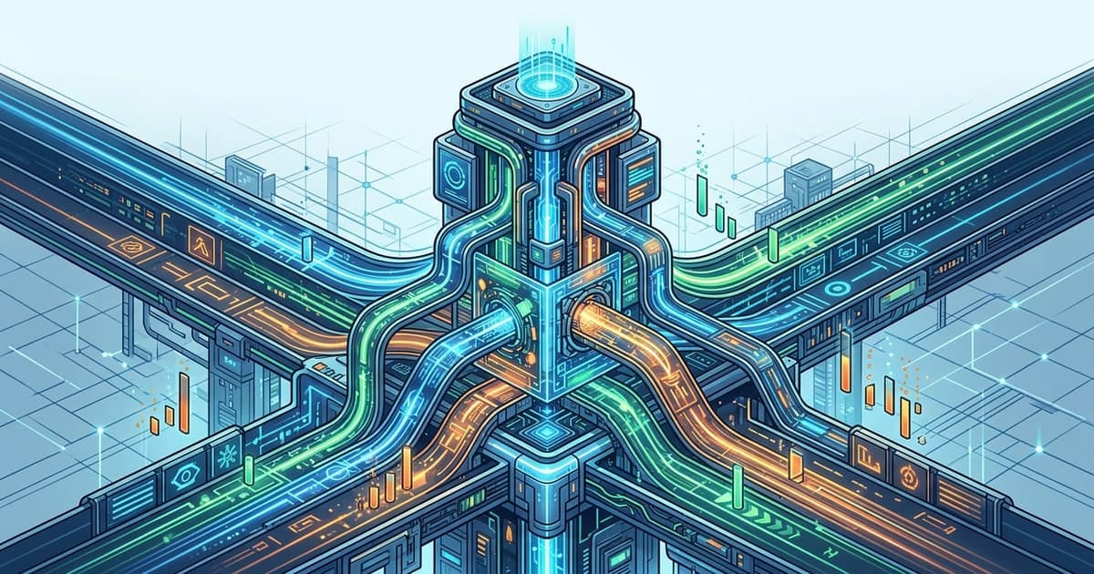 Abstract control tower routing AI requests across multiple model paths with cost gauges