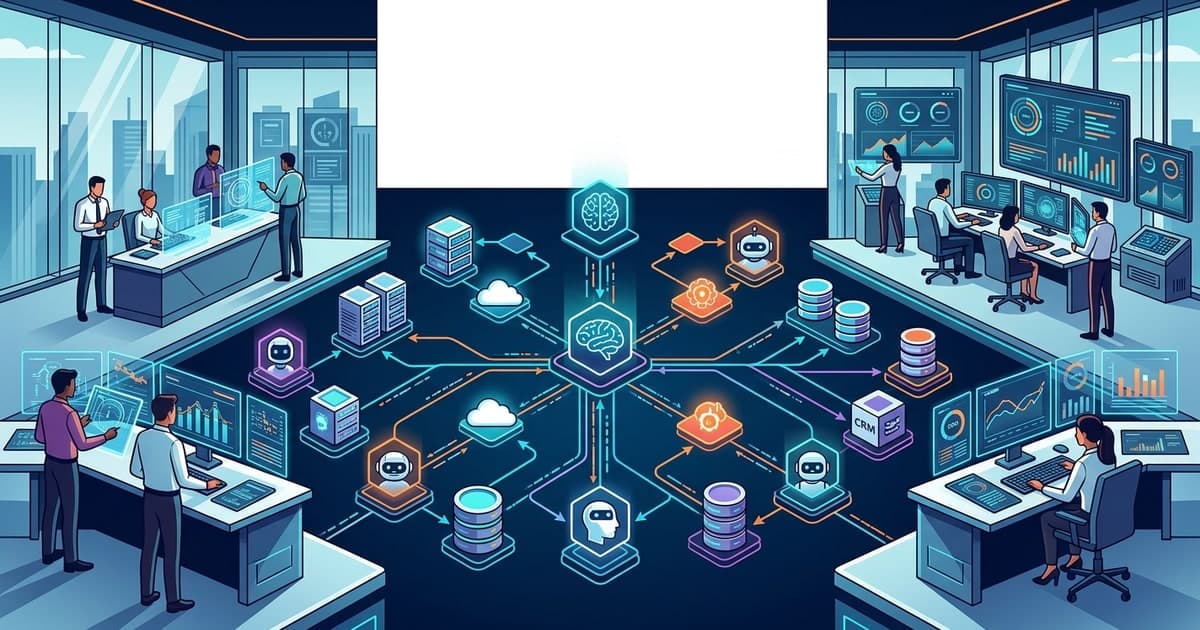 Workflow canvas connecting enterprise apps with AI agent nodes in a modern operations control room