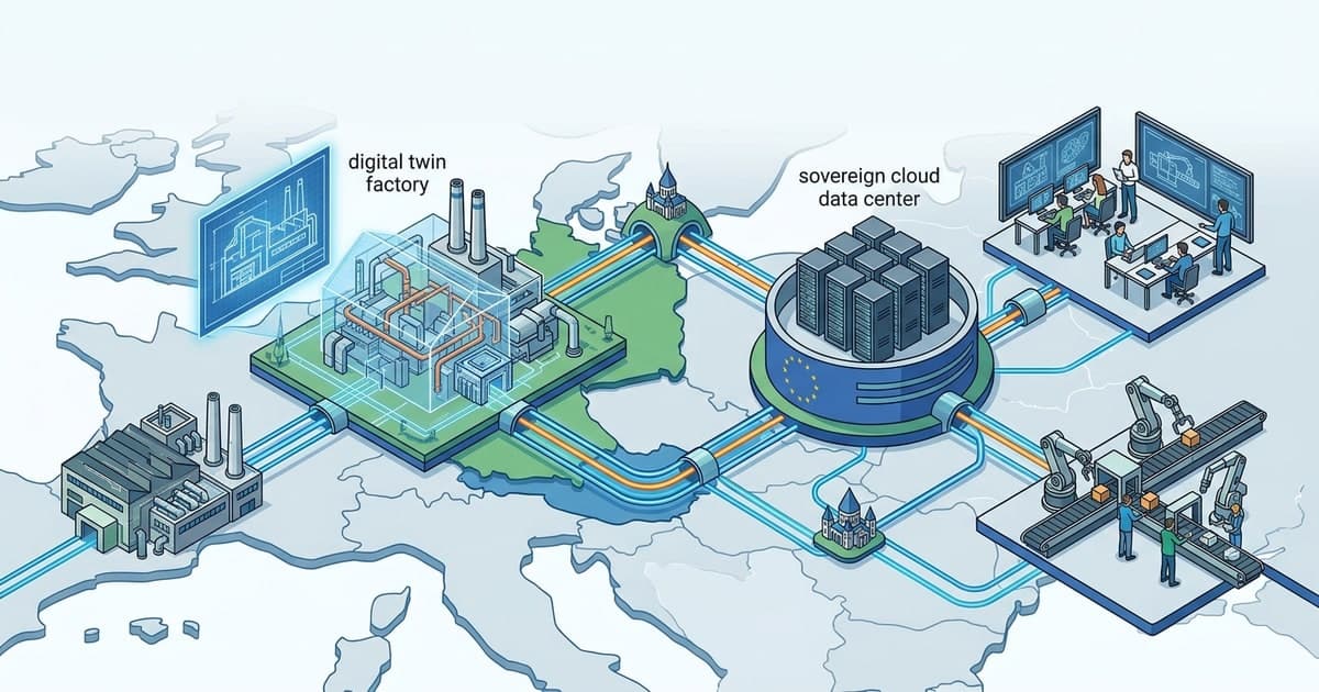 European industrial digital twin platform connected to sovereign cloud data centers and factory operations