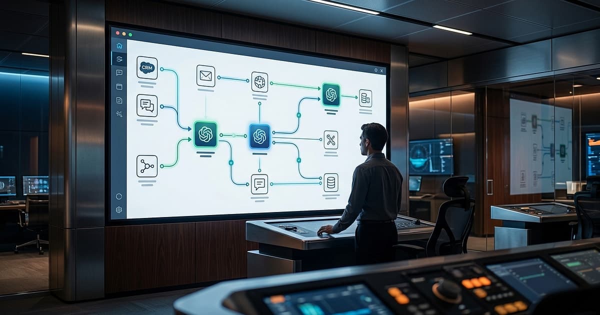 Workflow canvas connecting enterprise apps with AI agent nodes in a modern operations control room