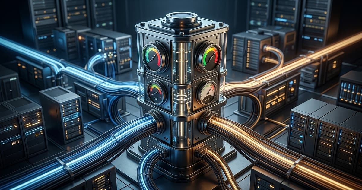 Abstract control tower routing AI requests across multiple model paths with cost gauges