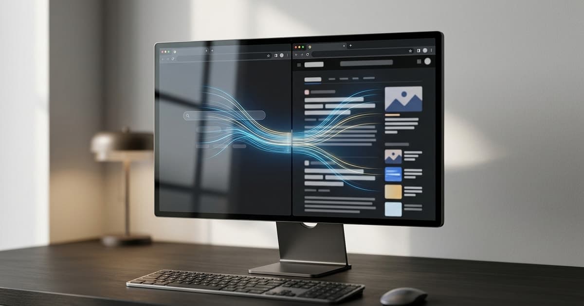 A desktop browser scene with parallel panes and flowing guidance lines connecting search and page content