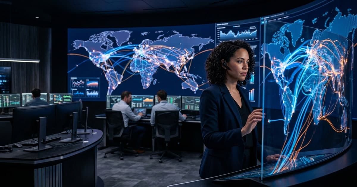 Editorial illustration of an AI infrastructure control room with token streams and cloud network nodes