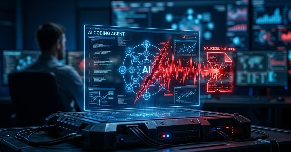 Security-themed editorial image with code paths and a warning signal over an AI agent workflow graph