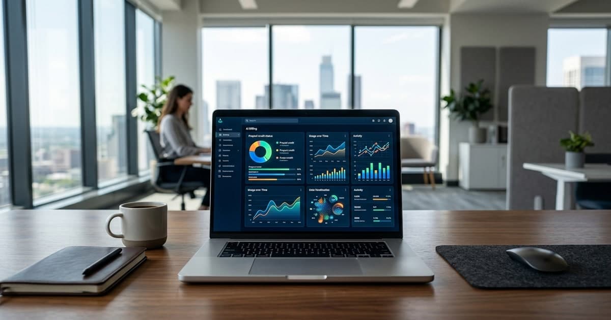 Editorial image of a developer dashboard with AI usage meters and prepaid credit controls